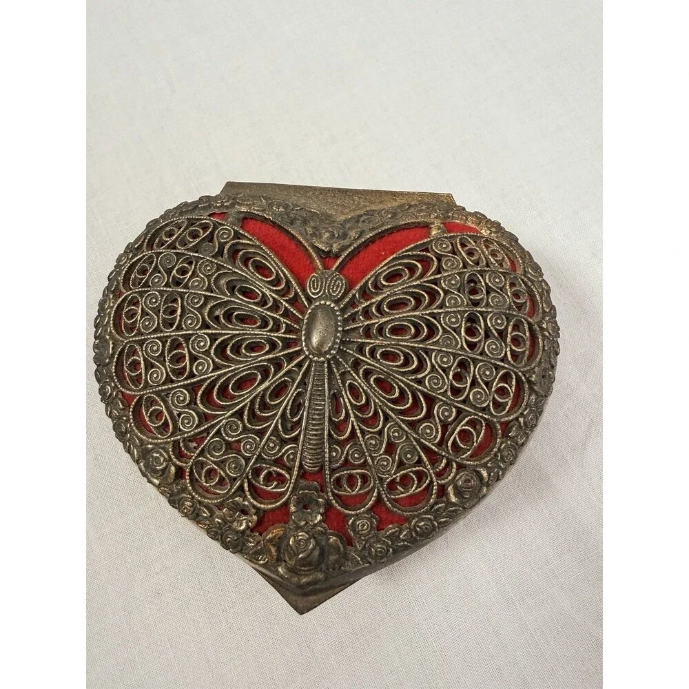 Vintage Gold Tone Filigree Butterfly Heart Trinket Box Red Velvet Cottagecore